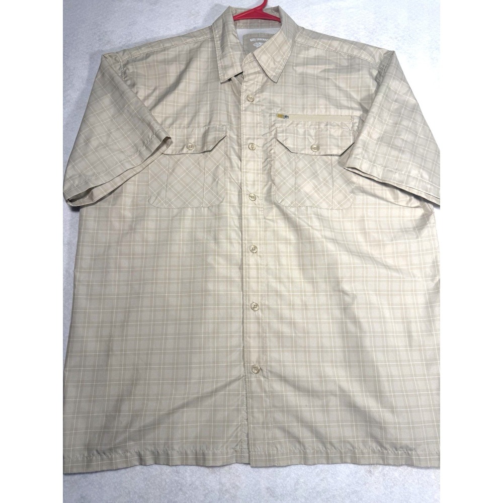 Reel Legends Fishing Shirt Men's L Beige Plaid‎ Short Sleeve Vented Outdoor SPF